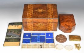 Tunbridgeware walnut jewellery or work box with lift out fitted tray, amboyna or similar box,