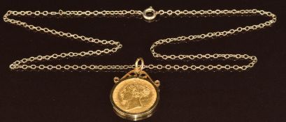 An 1866 gold half sovereign in 9ct gold pendant mount, 5.1g