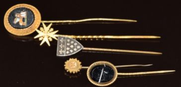 A 19thC yellow metal stick pin set with a micro mosaic depicting a lion with wings holding a flag,