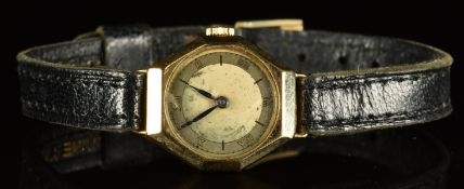 Art Deco 9ct gold ladies wristwatch with blued hands, silver roman numerals and dial, octagonal case