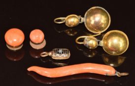 A pair of Victorian yellow metal earrings (2.2g, 3cm), two yellow metal studs set with coral (2.2g),