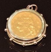 1836 USA 2½ dollar 0.900 gold coin (weight 4.18g), in 9ct gold glazed pendant mount