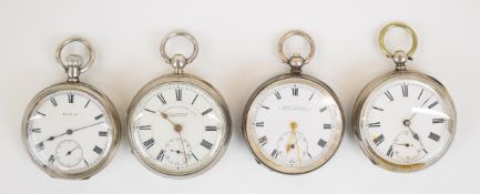 Four silver open faced pocket watches including Elgin, J G Graves The Express English Lever and H