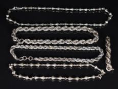 Two matching silver necklaces and two silver rope twist necklaces, 133g