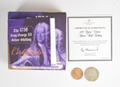 1758 George II shilling in London Mint Office box with certificate, together with an 1890