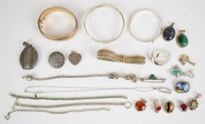 Five silver brooches including enamel, tiger's eye and butterfly wing, Danish silver brooch by