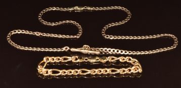 A 9ct gold curb link necklace with T-bar charm and a 9ct gold bracelet, 15g, 52 & 19cm