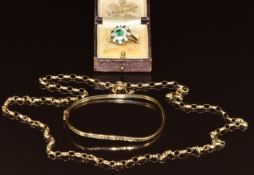 A 9ct gold necklace/ belcher chain (7.4g, 60cm), 9ct gold bangle (3.4g, 6 x 4.6cm) and 9ct gold ring