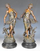 Pair of bronzed spelter figurines after Moreau, on stepped socles, one with plaque 'Bonne