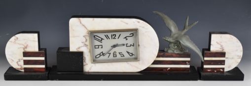 Art Deco figural bird clock garniture, W48 x H20cm