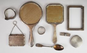 Two hallmarked silver mounted hand mirrors, hallmarked silver mounted photograph frame, fiddle