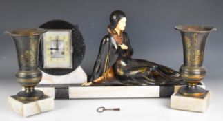 Art Deco figural clock garniture raised on marble or similar bases, W62 x D15 x H27cm