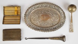 Indian, Burmese or similar silver embossed tray, length 19cm, hallmarked silver handled Art