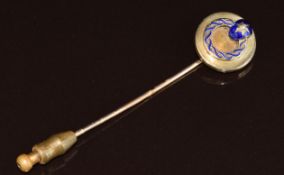 Victorian yellow metal stick pin set with blue enamel and an old cut diamond, 5.5g, 7.5cm