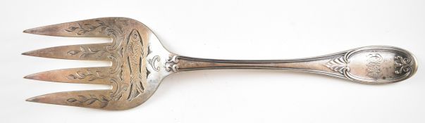 Victorian hallmarked silver fish serving fork with engraved and pierced decoration of a fish, London