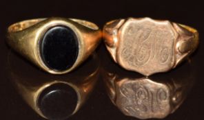 A 9ct gold signet ring set with onyx and an 18ct gold and 9ct gold signet ring (old band repair),