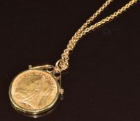 A 9ct gold pendant set with a 1895 gold full sovereign with Melbourne mint mark, on 9ct gold