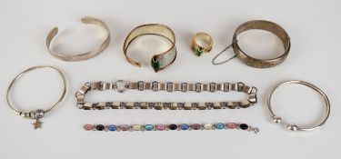 Victorian silver chain / necklace, three silver bangles, matching silver bangle and ring, silver