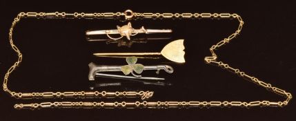 A 9ct gold chain (2.7g, damaged), 9ct gold brooch (damaged), yellow metal stick pin and a silver