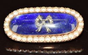 Victorian brooch set with blue guilloché enamel, to the centre a bow set with diamonds and a