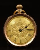 Unnamed 9ct gold keyless winding open faced pocket watch with blued hands, black Roman numerals,