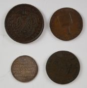 Four Georgian and later bank and similar tokens comprising 1811 Cheltenham silver shilling, 1793