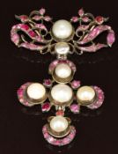 Georgian pendant set with foiled rubies and pearls, 17.8g, 6cm x 4cm