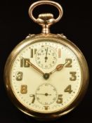 Unnamed 9ct gold keyless winding open faced pocket watch with alarm, inset subsidiary seconds and