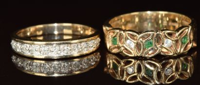 Two 9ct gold rings, one set with emeralds and cubic zirconia and the other with diamonds, 5.1g, size