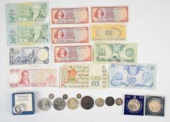 World coins and banknotes to include 1986 silver proof £1 coin, 1806 half penny, 1797 cartwheel