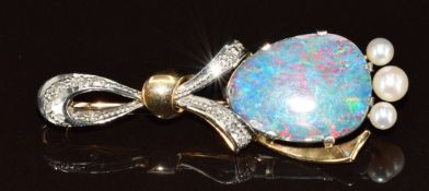 An 18ct gold and palladium brooch set with an opal doublet, diamonds and pearls, 6.4g, 4.6cm