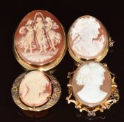 Four 9ct gold brooches each set with a cameo, three depicting a young woman and one the Three
