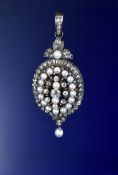 A 19thC metamorphic pendant/ brooch set with old cut and rose cut diamonds and natural pearls,