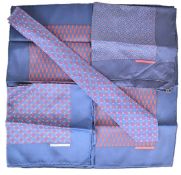 Three Hermès silk pocket squares or handkerchiefs, one with matching Hermes silk tie,