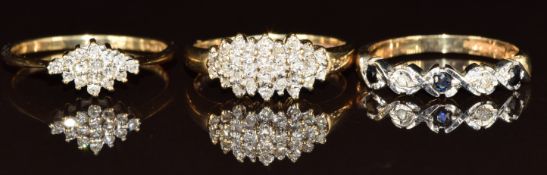 Three 9k gold rings, two set with diamond clusters and the other sapphires and diamonds, 5.3g,