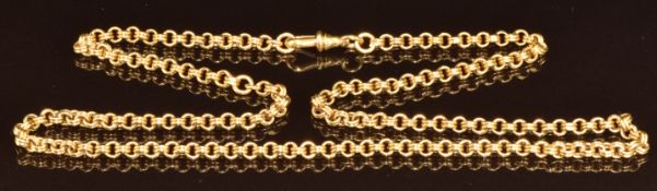 A c1910 15ct gold chain made up of ridged circular links, 60cm, 17g