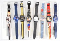 Eight Swatch wristwatches including Aiglette GB159, Just Blue GN715, Blackliner GB161, Lolita GM128,