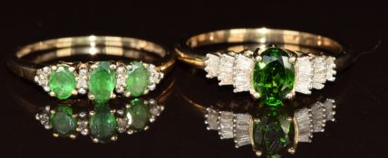 Two 9k gold rings both set with diopside and diamonds, 3.8g, size O & Q