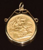 An 1887 gold full sovereign with Sydney mint mark, in yellow metal pendant mount, 9.4g