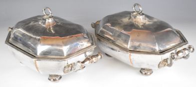 Pair of Georgian hallmarked silver entrée or serving dishes of octagonal form with beaded edges,