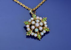 Edwardian 15ct gold pendant/ brooch set with demantoid garnets and opals, with original 15ct gold