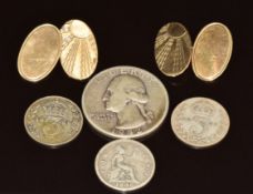 Pair of 9ct gold cufflinks with sunburst design, four silver coins including 1946 fourpence and 1942