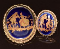A 9ct gold ring and matching brooch set with Limoges plaques, 15.3g, size J, 3 x 4cm