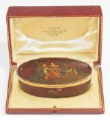Continental lacquer dressing table box or pot, with painted scene of a courting couple to lid and
