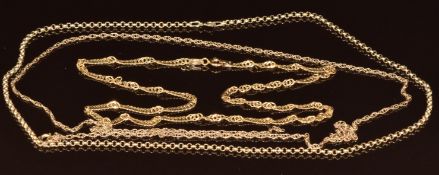 Three 9ct gold chains, 11.5g, 44, 44 & 60cm