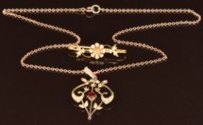 Edwardian 9ct gold pendant set with garnets and seed pearls on 9ct rose gold chain and a 9ct gold