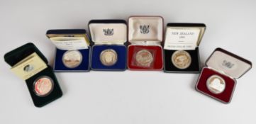 Six New Zealand proof silver coins comprising 1977 1978, 1979, 1982 and 1984 $1coins and 1995 $5