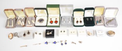 Twenty pairs of silver earrings including agate, marcasite, garnet, onyx, etc, four silver