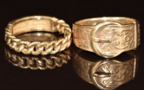 A 9ct gold buckle ring and 9ct gold curb link ring, 5g, size H & K/L