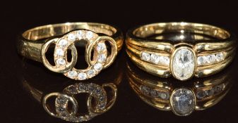 Two 9ct gold rings set with cubic zirconia, 5.3g, size P & N
